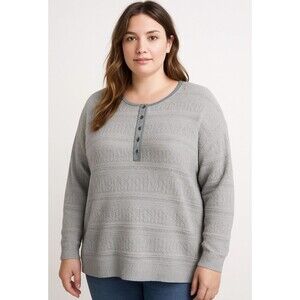 Sundance Womens XXL Gray Knit Henley Sweater Lace Detail Long Sleeve Top
